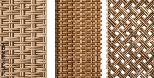 Seamless wicker and rattan woven textures set, three natural wicker patterns in varied weaves for upholstery, packaging, wallpaper, textile and craft design