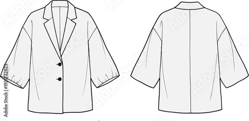 Women’s jacket technical fashion flat sketch with lapel collar, puff sleeves, and button closure - vector illustration set