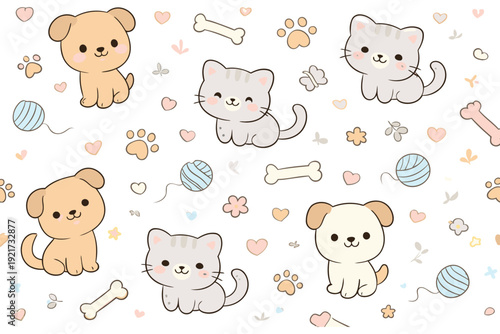 Cute Kawaii Puppies and Kittens Pattern
