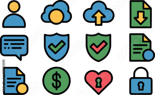 Data Security and Cloud Icon Set  User, Upload, and Communication Symbols