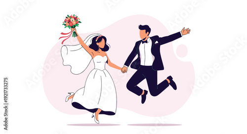 Happy bride and groom jumping in celebration wedding illustration