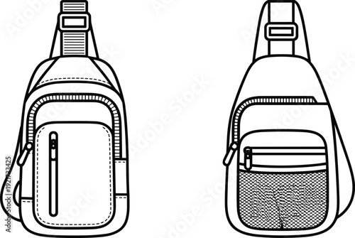 Sling backpack front and back view line art vector illustration isolated casual crossbody bag outline design