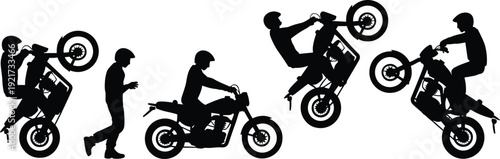 Vector illustration of motorcycle silhouette collection—symbols for wheelie stunt, rider, sport, motion, speed, extreme, adventure, performance, balance, and artistic representation