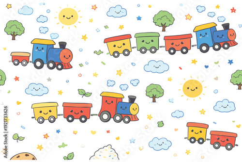 Happy Kawaii Trains and Nature Pattern