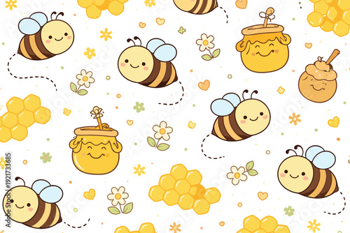 Cute Kawaii Bees and Honeycomb Pattern