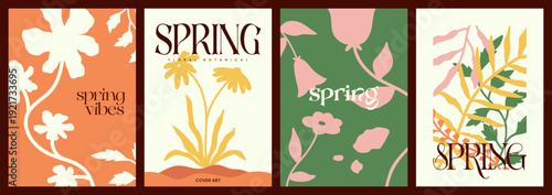 Trendy abstract spring botanical cover collection with warm color palette