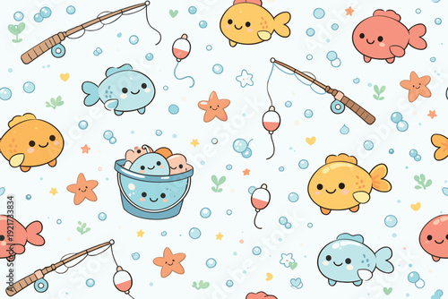 Cute Kawaii Fishing Fish and Ocean Pattern