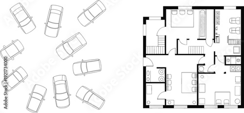 Top view cars collection and detailed house floor plan architectural blueprint vector set isolated on white background