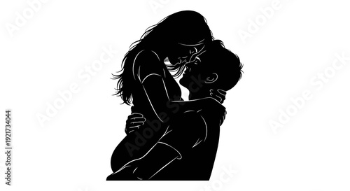 A silhouetted couple embraces in a tender moment with the woman leaning in to kiss the man