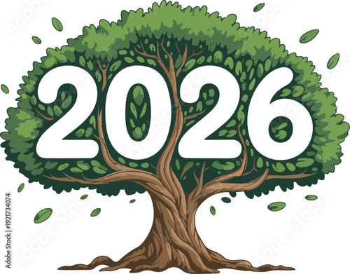 Eco-Friendly New Year 2026 Vector Illustration  Green Topiary Tree Numbers