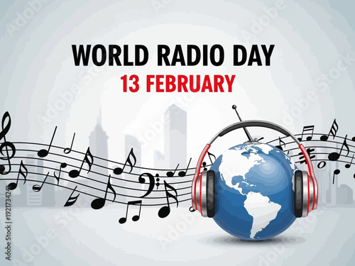 World radio day february 13 globe with headphones and music notes