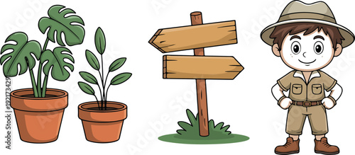 Cartoon potted plants, wooden direction sign, and explorer girl vector illustration collection for nature adventure and outdoor design set
