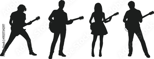 Vector illustration of music band silhouette collection—symbols for guitar, performance, concert, group, rock, stage, sound, rhythm, entertainment, and artistic representation
