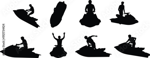 Vector illustration of jet ski silhouette collection—symbols for water sport, rider, speed, recreation, ocean, waves, adventure, summer, fun, and artistic representation