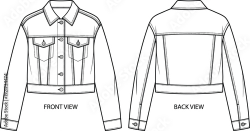Cropped denim jacket technical fashion flat sketch with front and back views, collar, pockets, and button closure - vector illustration set