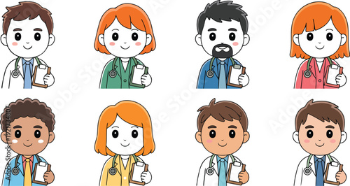 Cute Cartoon Male Doctor Vector Set  Stethoscope, Clipboard, and Friendly Poses