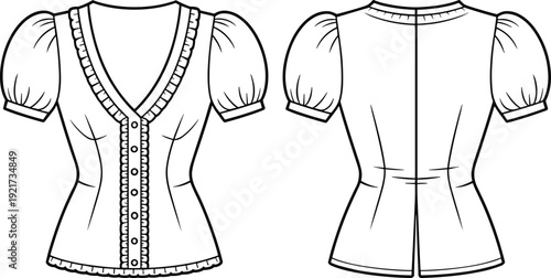 Women blouse vector with front and back views, short puff sleeve buttoned top fashion illustration template