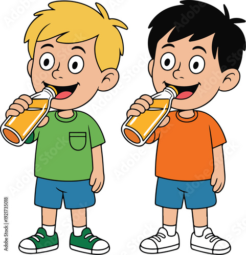 Cute Cartoon Boys Drinking Juice Vector Set  Laughing and Refreshing Poses