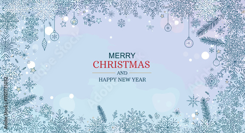 Festive Holiday Season Greeting with Snowflakes and Christmas Tree Branches, Celebrating Merry Christmas and Happy New Year