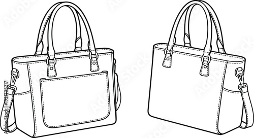 Women leather handbag front and back view line art vector illustration elegant tote bag outline design isolatedWomen leather handbag front and back view line art vector