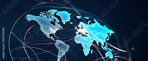 Dynamic digital map with glowing continents, gentle ambient light flickers, and a slow cinematic pan, illustrating global connectivity and technology evolution in a futuristic style.