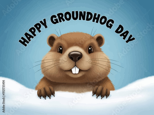 Happy groundhog day illustration with cute groundhog peeking over snow
