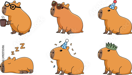 Cute capybara cartoon character vector set with funny poses accessories and kawaii animal mascot illustration