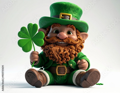 Photorealistic 3D Cute Leprechaun Character Sitting and Holding a Giant Lucky Shamrock
