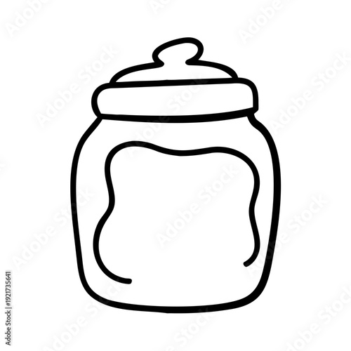 Minimalist hand drawn cartoon style baby food jar illustration, clean black line art outline drawing. Baby food jar container with secure lid, perfect for infants nutrition graphics and menu designs.