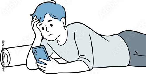 Young person lying on bed scrolling smartphone with bored expression, minimalist line art vector illustration about screen time, social media and digital wellbeing