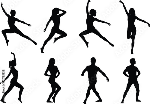 Vector illustration of human silhouette collection—symbols for dance, motion, athletic activity, posture, gesture, body language, fitness, performance, art, and artistic representation