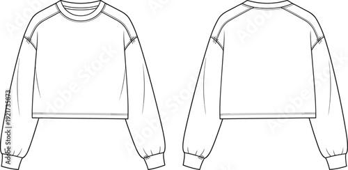 Cropped sweatshirt technical fashion flat sketch with raglan sleeves, ribbed cuffs, and crew neckline - vector illustration set