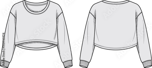 Cropped sweatshirt technical fashion flat sketch with front and back views for apparel design - vector illustration set