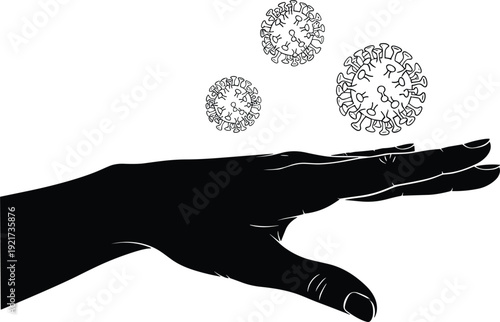 Black silhouette of hand with floating virus particles vector