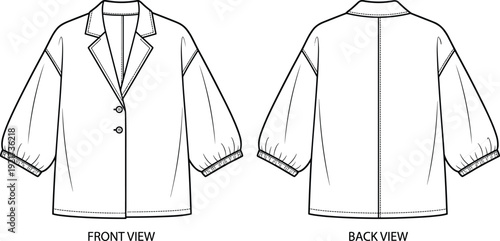 Jacket blouse technical fashion flat sketch with puff sleeves, lapel collar, and button closure - vector illustration set