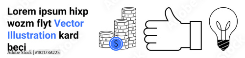 Finance, innovation, approval, economic growth, business ideas, currency. Stacked coins, thumbs up and a light bulb. Finance and innovation concepts with coins and creative ideas