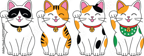 Cute Lucky Cat Vector Set  Waving Paw, Smiling Maneki Neko Characters