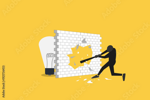 Businessman breaks through a wall barrier with a hammer to discover a bright lightbulb, symbolizing innovation and breakthrough