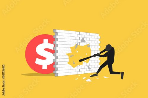 Businessman breaks through a wall barrier to reveal a large dollar sign, representing financial breakthrough, success, and wealth
