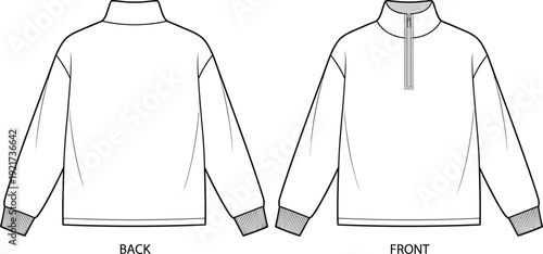 Men’s half-zip pullover fashion technical illustration with high collar, ribbed cuffs, straight hem, relaxed fit, front and back garment design drawing template for apparel construction.