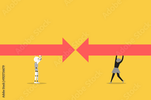 Business woman and robot collaborating to align opposing arrows, representing AI integration, strategic partnership, future teamwork, and technological synergy for success