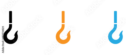 Three differently colored hook shapes displayed side by side in a minimalist style isolated on transparent background, Vector