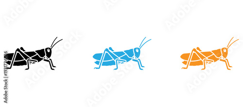 Three stylized illustrations of grasshoppers in different colors isolated on transparent background, Vector
