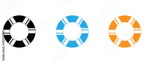 Three stylized life buoy designs with different color patterns and structural details isolated on transparent background, Vector