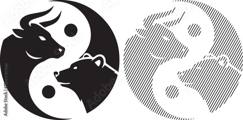 Black and white cartoon animals including a cute cow, dog, and fish are featured in this vector illustration art of funny farm and wild mammal character faces and nature silhouettes