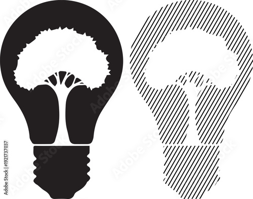 Creative vector tree silhouette illustration featuring a light bulb lamp design as a symbol of nature and innovation for a business energy idea concept