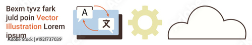 Language translation, cloud storage, software development, online services, machine learning, automation. Icons include translation symbols, a cloud and a gear. Language translation and cloud