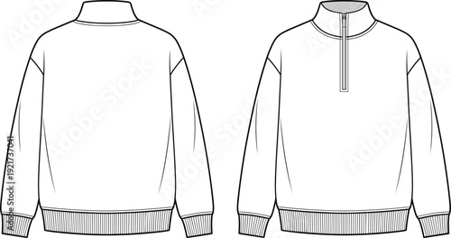 Men’s half-zip pullover sweatshirt technical fashion illustration with high collar, ribbed cuffs and hem, relaxed fit, front and back garment design drawing template for apparel.