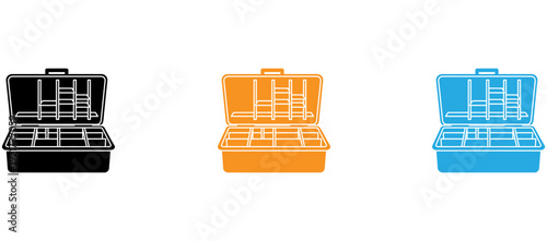 Three differently colored plastic storage bins with compartments shown side by side isolated on transparent background, Vector