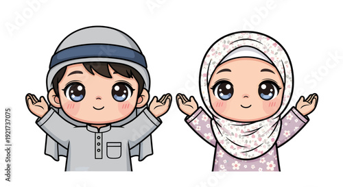Children boy and girl in Islamic clothing smiling with hands up